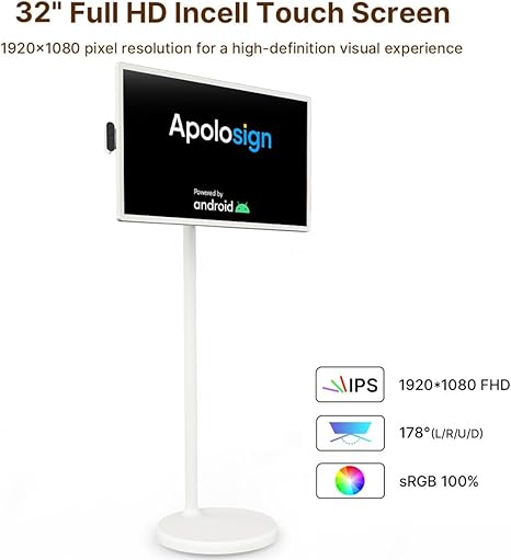 ApoloSign - 32" Portable Rotatable Monitor Incell Touch Screen, Built-in Battery & Android OS