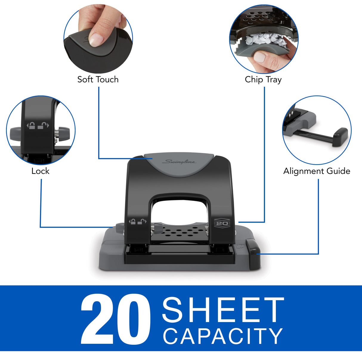 Swingline SmartTouch 2-Hole Punch - Low Force, 20 Sheet